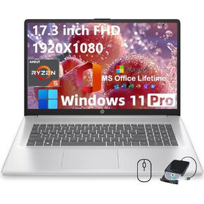 HP 17.3" FHD Laptop for Business & Students - w/External DVD Drive & Office Lifetime License, AMD Ryzen 5 7430U CPU, 250 Nits IPS Display, Webcam, Wifi6, Win 11 Pro (64GB RAM 2TB SSD)