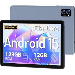 JUNYANG Tablet 10.1 inch, 2025 Android 15 Tablet, Octa-core Processor, 12GB RAM+128GB ROM (1TB Expand), 1280x800 IPS Touchscreen, Widevine L1, 8H Battery, 13MP+5MP Dual Camera, 5G WiFi