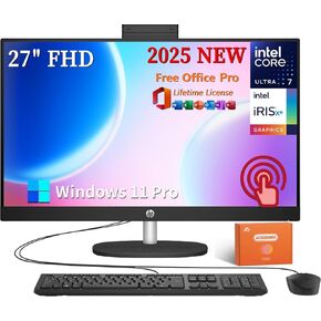 HP 27 All in One Desktop Computer, 27" FHD Touchscreen, Intel Ultra 7 155U, 64 GB DDR5, 4 TB SSD, Intel IrisX Graphics, Adjustable Angle, Wi-Fi 6, Windows 11 Pro, Office Lifetime License w/Accessories
