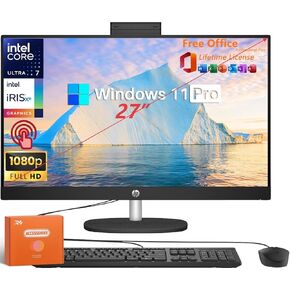 HP 27" FHD Touchscreen All-in-One Desktop(2025), with Office Pro Lifetime License, Intel 12-Core Ultra 7 150U, 16 GB DDR5 RAM, 1 TB SSD, Wind 11 Pro, Wi-Fi 6, Wired KB&Mouse, w/Accessories