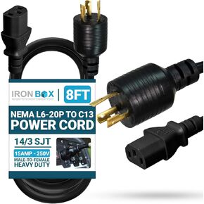 IronBox Electric NEMA L6-20P to C13 Power Cords - 15A, 250V, 14/3 SJT - UL Listed Power Extension Adapter - Heavy Duty Plug and Cables for Data Centers, PDU, High Powered Devices & More (10ft, Molded)