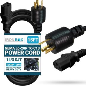 IronBox Electric NEMA L6-20P to C13 Power Cords - 15A, 250V, 14/3 SJT - UL Listed Power Extension Adapter - Heavy Duty Plug and Cables for Data Centers, PDU, High Powered Devices & More (10ft, Molded) in Kuwait