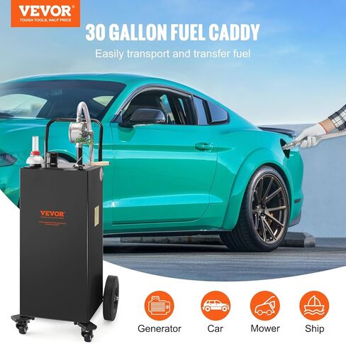 VEVOR 30 Gallon Fuel Caddy, Gas Storage Tank & 4 Wheels, with Manual Transfer Pump, Gasoline Diesel Fuel Container for Cars, Lawn Mowers, ATVs, Boats, More, Red in Saudi Arabia