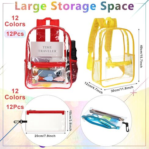 Cholemy 12 Set Bulk Clear Backpack with Pencil Pouch,15.75" Large Transparent Bookbag for School Work Stadium Security(Black) in Kuwait