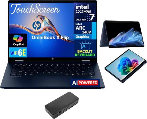 HP Omnibook X Flip 2-in-1 AI PC 2-in-1 كمبيوتر محمول 14.0 "شاشة تعمل باللمس Wuxga (Intel Ultra 7-256V ، 16GB LPDDR5X ، 4TB PCIE SSD ، Backlit KB ، Thunderbolt 4 ، WIFI 6E ، WebCAM ، WIN 11 PRO) W/USB in Kuwait