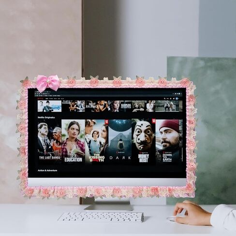 2 Pcs 23''-26'' Cute Computer Monitor Cover with Bow Tie, Lovely Computer Accessories with Lace Design, Monitor Dust Cover Protector (Pink) in Saudi Arabia