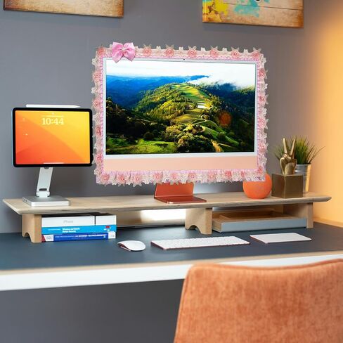 2 Pcs 23''-26'' Cute Computer Monitor Cover with Bow Tie, Lovely Computer Accessories with Lace Design, Monitor Dust Cover Protector (Pink) in Saudi Arabia