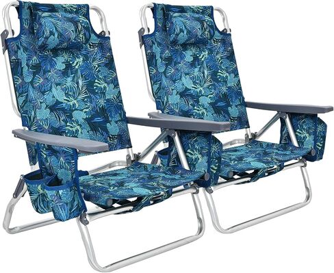 COSTWAY Backpack Beach Chairs, 2-Pack Portable Camping Chairs with Cup Holder, Ice Bag, 5-Position Outdoor Reclining Chairs for Adults, Travel, Sunbathing, Support 300 LBS, Navy in Saudi Arabia