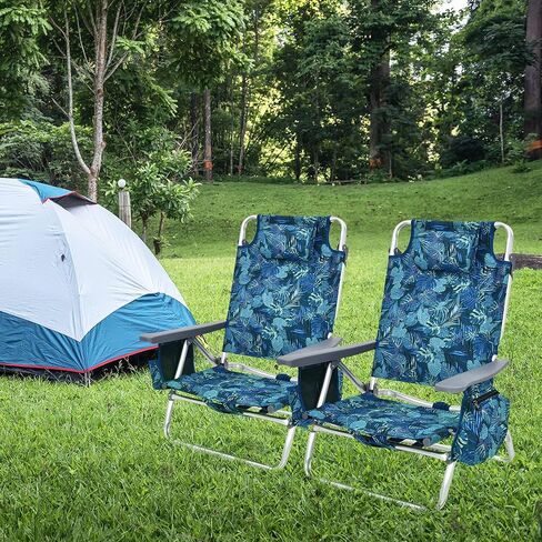 COSTWAY Backpack Beach Chairs, 2-Pack Portable Camping Chairs with Cup Holder, Ice Bag, 5-Position Outdoor Reclining Chairs for Adults, Travel, Sunbathing, Support 300 LBS, Navy in Saudi Arabia
