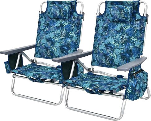 COSTWAY Backpack Beach Chairs, 2-Pack Portable Camping Chairs with Cup Holder, Ice Bag, 5-Position Outdoor Reclining Chairs for Adults, Travel, Sunbathing, Support 300 LBS, Navy in Saudi Arabia