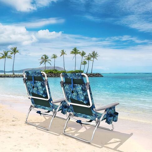 COSTWAY Backpack Beach Chairs, 2-Pack Portable Camping Chairs with Cup Holder, Ice Bag, 5-Position Outdoor Reclining Chairs for Adults, Travel, Sunbathing, Support 300 LBS, Navy in Saudi Arabia