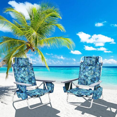 COSTWAY Backpack Beach Chairs, 2-Pack Portable Camping Chairs with Cup Holder, Ice Bag, 5-Position Outdoor Reclining Chairs for Adults, Travel, Sunbathing, Support 300 LBS, Navy in Saudi Arabia