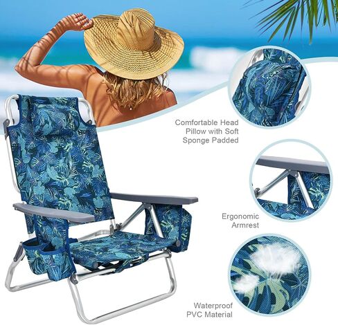 COSTWAY Backpack Beach Chairs, 2-Pack Portable Camping Chairs with Cup Holder, Ice Bag, 5-Position Outdoor Reclining Chairs for Adults, Travel, Sunbathing, Support 300 LBS, Navy in Saudi Arabia