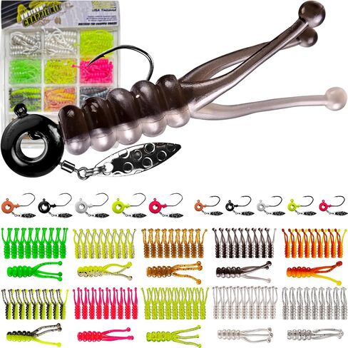 Crappie Lures Jigs Heads Kit, 110 Pcs Underspin Fishing Jig Heads Hooks Lures Swimbait with Crappie Baits Soft Plastic Split Tail Grub Shad Minnow for Freshwater Saltwater Bass Trout Walleye in Kuwait