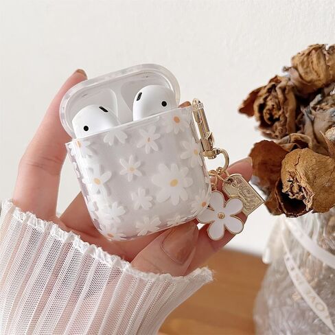 MINSCOSE Compatible with AirPods 4 Clear Case,Cute Daisy Flower Pattern Design with Pretty Floral Keychain, Soft TPU Protective Shockproof Cover for AirPods 4 for Women Girls-White in Saudi Arabia