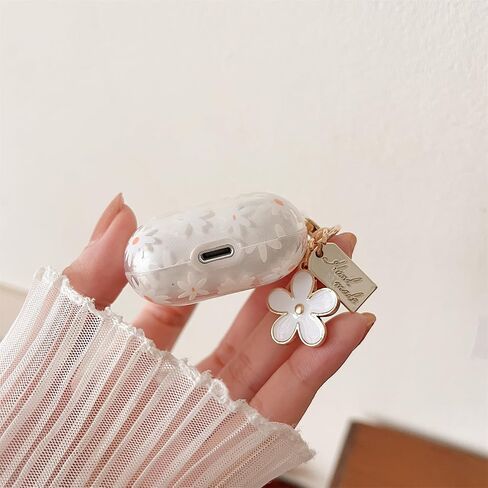 MINSCOSE Compatible with AirPods 4 Clear Case,Cute Daisy Flower Pattern Design with Pretty Floral Keychain, Soft TPU Protective Shockproof Cover for AirPods 4 for Women Girls-White in Saudi Arabia