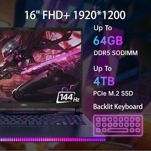 MSI Raider GE68HX Gaming Laptop, GeForce RTX 4070, 16" FHD+ Display, Intel 14 GEN Core i9-14900HX, 32GB DDR5 RAM, 1TB SSD, w/Office Lifetime & External DVD Drive, Win 11 Pro, Backlit KB, Wi-Fi 7 in Saudi Arabia