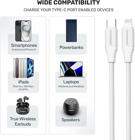 Type-C إلى Cable Cable 3.3ft | كابل الشحن السريع للهاتف المحمول متوافق مع الهواتف | أبيض in Kuwait