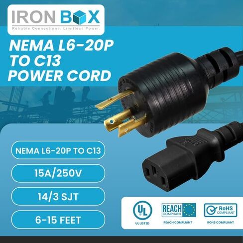 Ironbox Electric NEMA L6-20P إلى C13 POWERTS - 15A ، 250V ، 14/3 SJT - UL محول تمديد الطاقة المدرج - المكونات الثقيلة والكابلات لمراكز البيانات ، PDU ، الأجهزة ذات الطاقة العالية والمزيد (10 أقدام ، مصبوب) in Kuwait