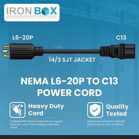 Ironbox Electric NEMA L6-20P إلى C13 POWERTS - 15A ، 250V ، 14/3 SJT - UL محول تمديد الطاقة المدرج - المكونات الثقيلة والكابلات لمراكز البيانات ، PDU ، الأجهزة ذات الطاقة العالية والمزيد (10 أقدام ، مصبوب) in Kuwait