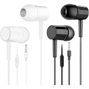 Premium Wired Earbuds with Microphone, Heavy Bass Noise Isolating in-Ear Headphones, HD Stereo Sound for Gym, Running & Calls, 3.5mm Jack, Tangle-Free Design - 2 Pack (Black & White)