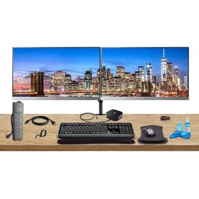 HP Home Office Bundle with 2 x E233 23" Monitors (HDMI, DisplayPort) USB C Dock - Dual Monitor Stand - Wireless Keyboard and Mouse, Gel Wrist Pad - 32GB USB Drive - Surge Protector and More