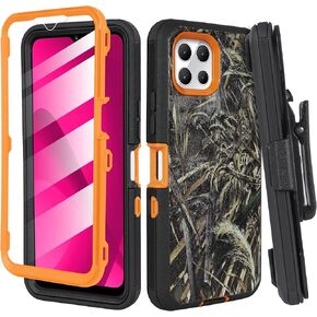 Compatible for T-Mobile Revvl 7 Pro 5G, Shockproof Heavy Duty Rugged Case Cover Phone Case with Belt Clip Holster, Built in Screen Protector (Orange Camo)