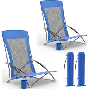 Folding Portable Beach Chair for Adults, Lightweight Camping Chair with High Back and Storage Bag, Heavy Duty Travel Outdoor Folding Chair for Beach & Picnic(2 Pack, Blue)