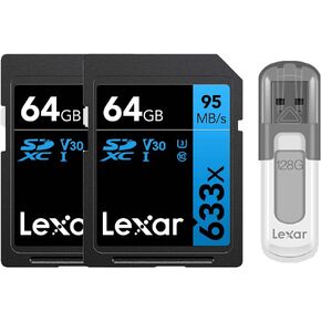 Lexar LSD64GCB1NL633 2-Pack Professional 633x 64GB UHS-1 Class 10 SDXC Memory Card Bundle with Lexar 128GB JumpDrive V100 USB 3.0 Flash Drive