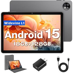 Tablet, 10 inch Android 15 Tablets with Octa-Core Processor, 18GB RAM 128GB ROM 1TB Expand, 1280x800 HD Touchscreen, GPS, 5G+2.4G WiFi, 5MP+8MP Dual Camera, BT5.0, 6000mAh, Widevine L1, Gray