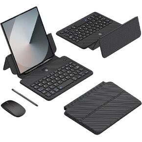 Portable Keyboard and Mouse for Samsung Galaxy Z Fold 7/6/5/4, Ultra-Slim Full Leather Case with Hinged Adjustable Stand, 3 in 1 Mini Bluetooth Keyboard Mouse Pen Set for Travel