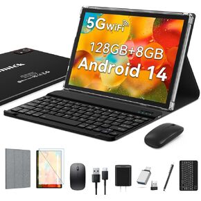 2025 Latest Android 14 Tablet, 10 Inch, 128GB+8GB+512GB Expandable, Octa-Core Processor, 2 in 1 with Keyboard Case Mouse, 7000mAh Battery, 5G WiFi, Dual Camera, BT5.0