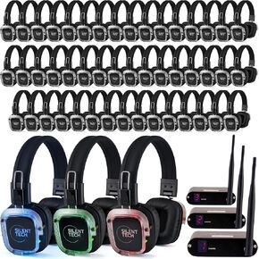 Silent Disco in a Box – 50 LED Wireless Headphones, 3 Channel Transmitters, Plug & Play for Smartphones, Laptops, Tablets, 10 Hour Battery, 500-Yard Range – Silent Disco Headphone System
