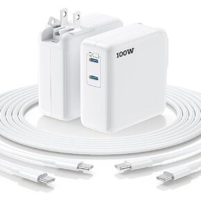 Essri MacBook Pro Charger,100W USB C Charger 2Pack with Foldable Plug,Dual 65W Ports Fast Charging for MacBook Pro Air,iPad Pro,iPhone 16 15,Includes 6FT+10FT USB C to C Cables - White