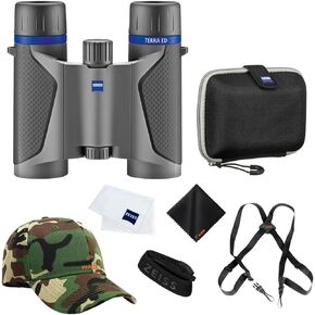 Zeiss 8x25 Terra ED Compact Binoculars for Bird Watching (Grey) with Waith Binocular Comfort Carrying Harness Strap, Adjustable Camo Baseball Hat and Waith Microfiber Lens Cleaning Cloth (Bundle Set)