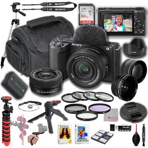Sony ZV-E10 II + 16-50mm Lens, Wide Angle and Telephoto Lens, 64GB Memory, Filters, Tripod Kit, Deluxe Case, Software & More – Pro Video Bundle (30pc)
