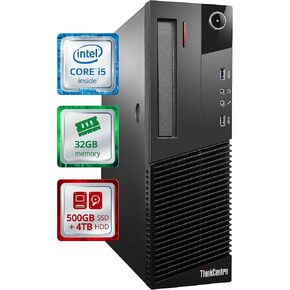 Lenovo Desktop Computer, Intel i5 Processor, 32GB RAM, 500GB SSD, 4TB HDD, WiFi, Bluetooth, USB 3.0, PS/2, Display Port, VGA, Audio, Ethernet, PCIe Slots, Windows 10 Pro