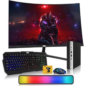 HP G3 Tiny Mini Desktop PC, Intel Core i5, 16GB RAM, 512GB SSD with Dual 27 inch Curved Monitor, AI Enabled RGB Keyboard Mouse, RGB Soundbar and Webcam Windows 10 Pro (Renewed)