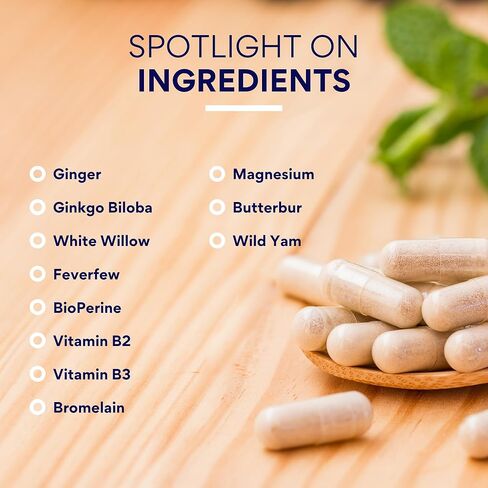 تم التحقق من الأبحاث لتخفيف الصداع النصفي - مكمل ثنائي المفعول - يقلل من شدته ومدته، ويوازن الهرمونات - مع الزنجبيل والجينكو بيلوبا - 60 كبسولة في كل زجاجة - كمية تكفي لمدة 3 أشهر in Kuwait