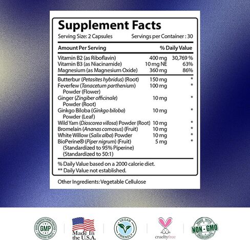 تم التحقق من الأبحاث لتخفيف الصداع النصفي - مكمل ثنائي المفعول - يقلل من شدته ومدته، ويوازن الهرمونات - مع الزنجبيل والجينكو بيلوبا - 60 كبسولة في كل زجاجة - كمية تكفي لمدة 3 أشهر in Kuwait
