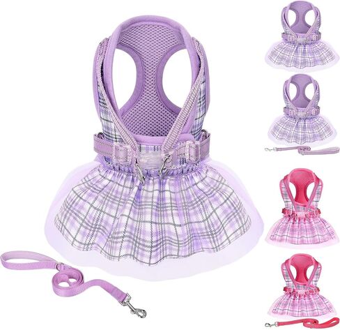 Small Dog Dress Harness Girl Female, No Pull Harnesses Outfit Apparel, Medium Summer Adjustable Puppy Plaid Skirt Vest Cat Clothes (Purple Dress, XS) in Saudi Arabia