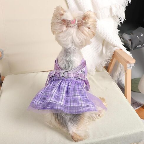 Small Dog Dress Harness Girl Female, No Pull Harnesses Outfit Apparel, Medium Summer Adjustable Puppy Plaid Skirt Vest Cat Clothes (Purple Dress, XS) in Saudi Arabia