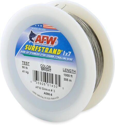 American Fishing Wire Surfstrand, Bare 1x7 Stainless Steel Leader Wire, 210 lb Test, 0.036" Diameter, Bright, 30 ft in Kuwait