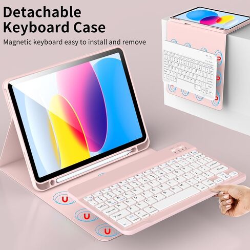حالة لوحة المفاتيح لـ iPad 10th Generation 10.9 بوصة 2022 ، لوحة مفاتيح Bluetooth اللاسلكية القابلة للفصل المغناطيسية ، ودعم 3 نظام ، وقصة ، مع حامل قلم رصاص لـ iPad 10.9 "، الوردي in Saudi Arabia