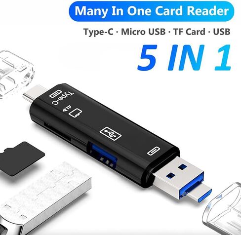 5 في 1 قارئ بطاقة متعدد الوظائف متوافق مع موتورولا موتو G (2023) لتوسيع النسخ الاحتياطي USB Type-C/MicroUSB/TF/USB 2.0/SD قارئ (أسود) in Kuwait
