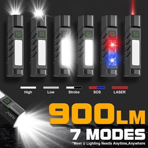 Rechargeable EDC Flashlight with Red Beam and White LED Combo, 900 Lumens Portable Pocket Lights, USB-C Charging, IPX4, Triple Sources for Outdoors Emergency Working (Black) in Saudi Arabia