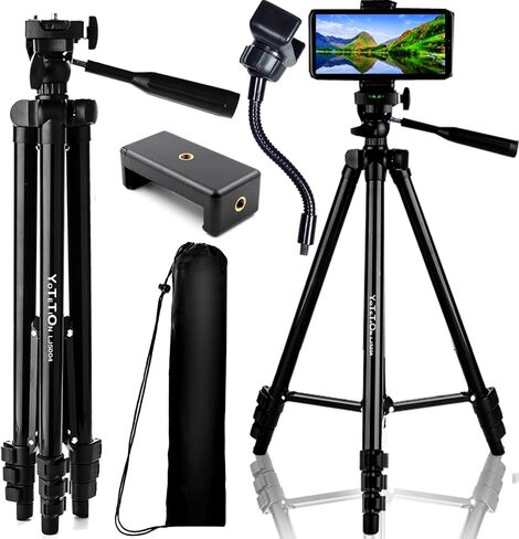 60" Aluminum Phone & Camera Tripod with Gooseneck Stand, Extendable Cell Phone Tripod Stand Compatible with iPhone/Android/Action Camera is Perfect for Live Streaming/Video Recording/Selfies in Kuwait