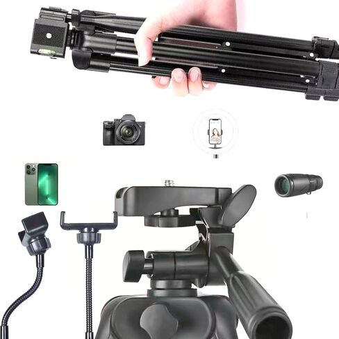 60" Aluminum Phone & Camera Tripod with Gooseneck Stand, Extendable Cell Phone Tripod Stand Compatible with iPhone/Android/Action Camera is Perfect for Live Streaming/Video Recording/Selfies in Kuwait