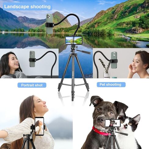 60" Aluminum Phone & Camera Tripod with Gooseneck Stand, Extendable Cell Phone Tripod Stand Compatible with iPhone/Android/Action Camera is Perfect for Live Streaming/Video Recording/Selfies in Kuwait
