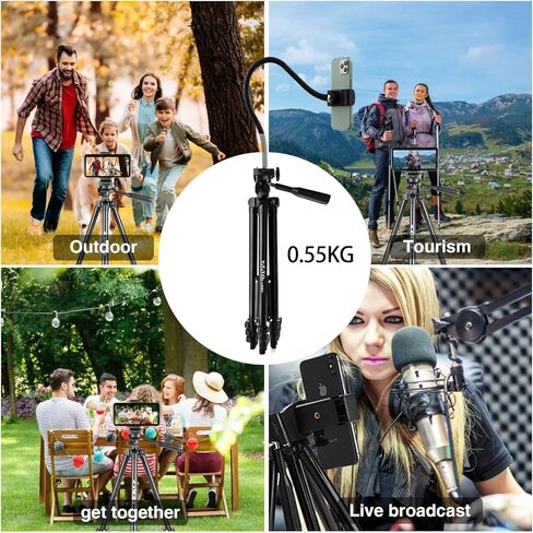60" Aluminum Phone & Camera Tripod with Gooseneck Stand, Extendable Cell Phone Tripod Stand Compatible with iPhone/Android/Action Camera is Perfect for Live Streaming/Video Recording/Selfies in Kuwait